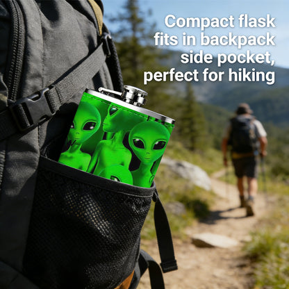 Group of green aliens 8oz Portable Stainless Steel Hip Flask - Juice Flask - Perfect Gift - Unique Whiskey Flask for Women, Wine Pot Metal - Ideal stainless steel flask for all outdoor activities