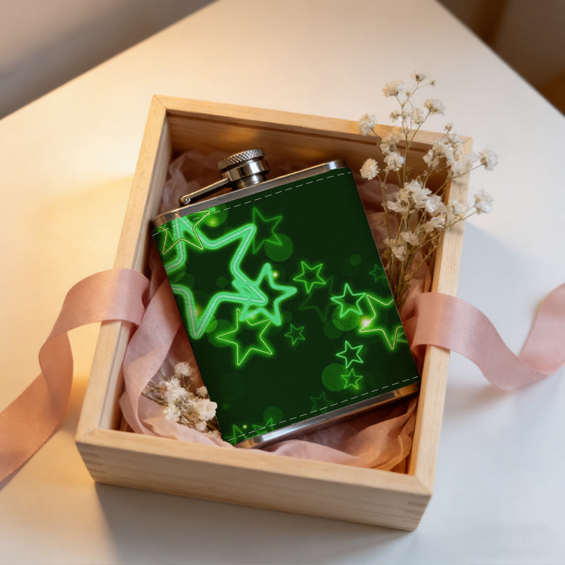 Glowing green star patterns 8oz Portable Stainless Steel Hip Flask - Juice Flask - Perfect Gift - Unique Whiskey Flask for Women, Wine Pot Metal - Ideal stainless steel flask for all outdoor activities