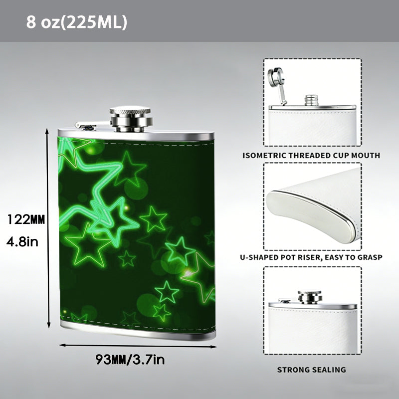 Glowing green star patterns 8oz Portable Stainless Steel Hip Flask - Juice Flask - Perfect Gift - Unique Whiskey Flask for Women, Wine Pot Metal - Ideal stainless steel flask for all outdoor activities
