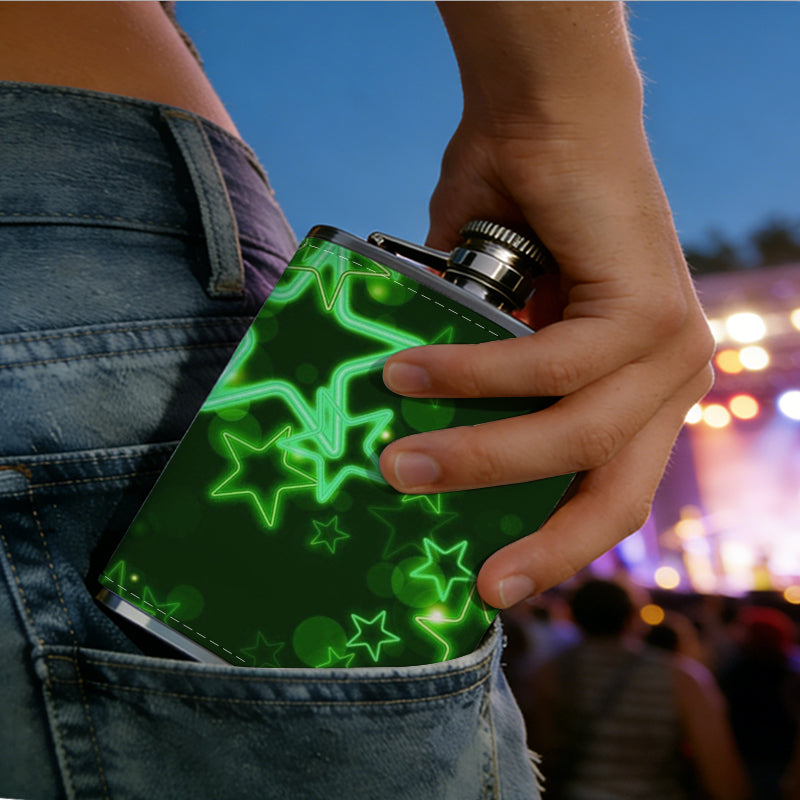Glowing green star patterns 8oz Portable Stainless Steel Hip Flask - Juice Flask - Perfect Gift - Unique Whiskey Flask for Women, Wine Pot Metal - Ideal stainless steel flask for all outdoor activities