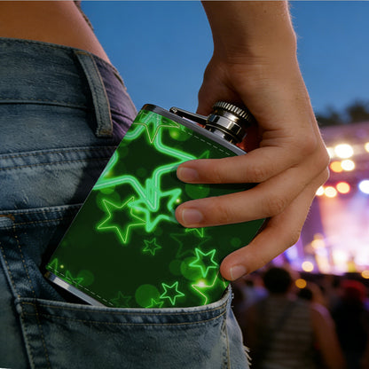 Glowing green star patterns 8oz Portable Stainless Steel Hip Flask - Juice Flask - Perfect Gift - Unique Whiskey Flask for Women, Wine Pot Metal - Ideal stainless steel flask for all outdoor activities