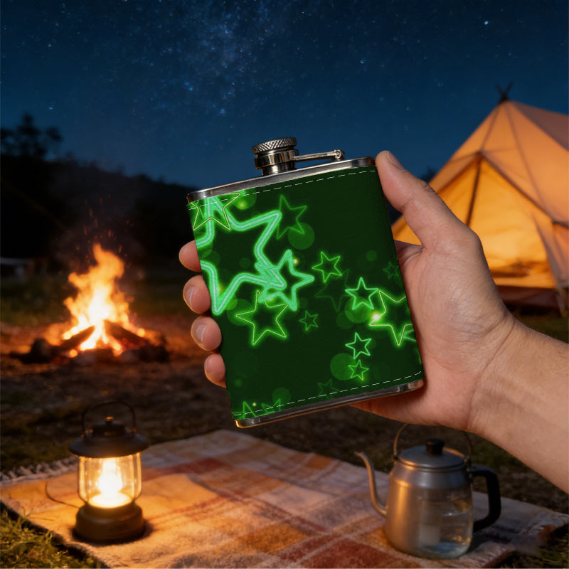 Glowing green star patterns 8oz Portable Stainless Steel Hip Flask - Juice Flask - Perfect Gift - Unique Whiskey Flask for Women, Wine Pot Metal - Ideal stainless steel flask for all outdoor activities