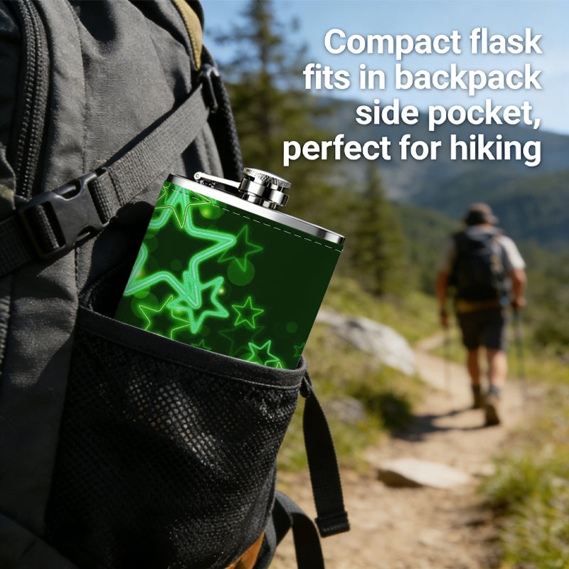 Glowing green star patterns 8oz Portable Stainless Steel Hip Flask - Juice Flask - Perfect Gift - Unique Whiskey Flask for Women, Wine Pot Metal - Ideal stainless steel flask for all outdoor activities