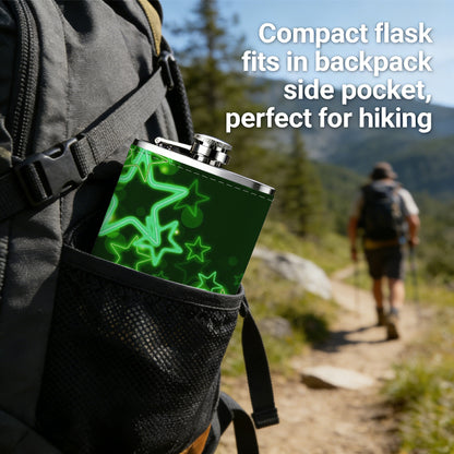 Glowing green star patterns 8oz Portable Stainless Steel Hip Flask - Juice Flask - Perfect Gift - Unique Whiskey Flask for Women, Wine Pot Metal - Ideal stainless steel flask for all outdoor activities