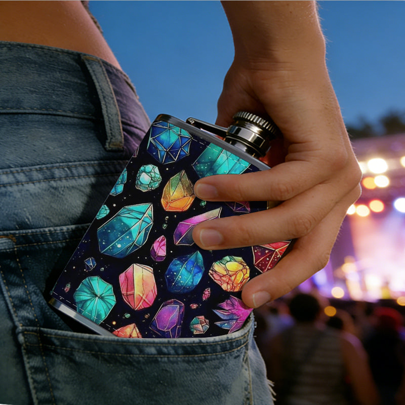 Colorful shiny gemstone pebbles 8oz Portable Stainless Steel Hip Flask - Juice Flask - Perfect Gift - Unique Whiskey Flask for Women, Wine Pot Metal - Ideal stainless steel flask for all outdoor activities