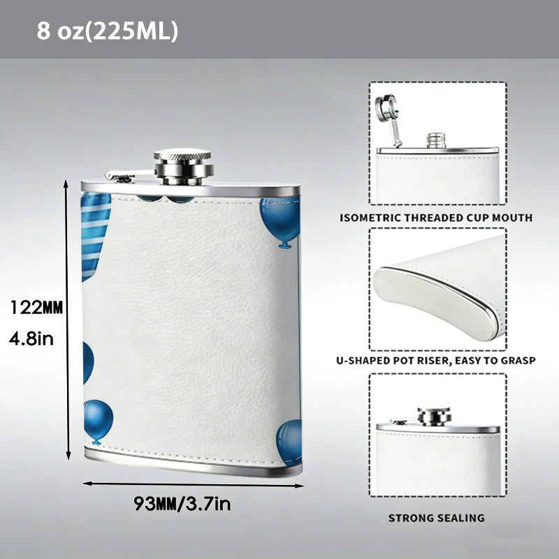 Blue balloon mustache tie frame 8oz Portable Stainless Steel Hip Flask - Juice Flask - Perfect Gift - Unique Whiskey Flask for Women, Wine Pot Metal - Ideal stainless steel flask for all outdoor activities