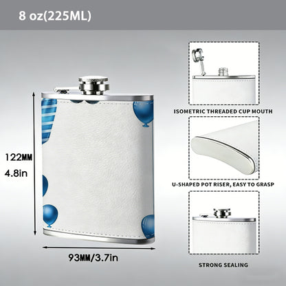 Blue balloon mustache tie frame 8oz Portable Stainless Steel Hip Flask - Juice Flask - Perfect Gift - Unique Whiskey Flask for Women, Wine Pot Metal - Ideal stainless steel flask for all outdoor activities