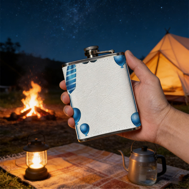 Blue balloon mustache tie frame 8oz Portable Stainless Steel Hip Flask - Juice Flask - Perfect Gift - Unique Whiskey Flask for Women, Wine Pot Metal - Ideal stainless steel flask for all outdoor activities