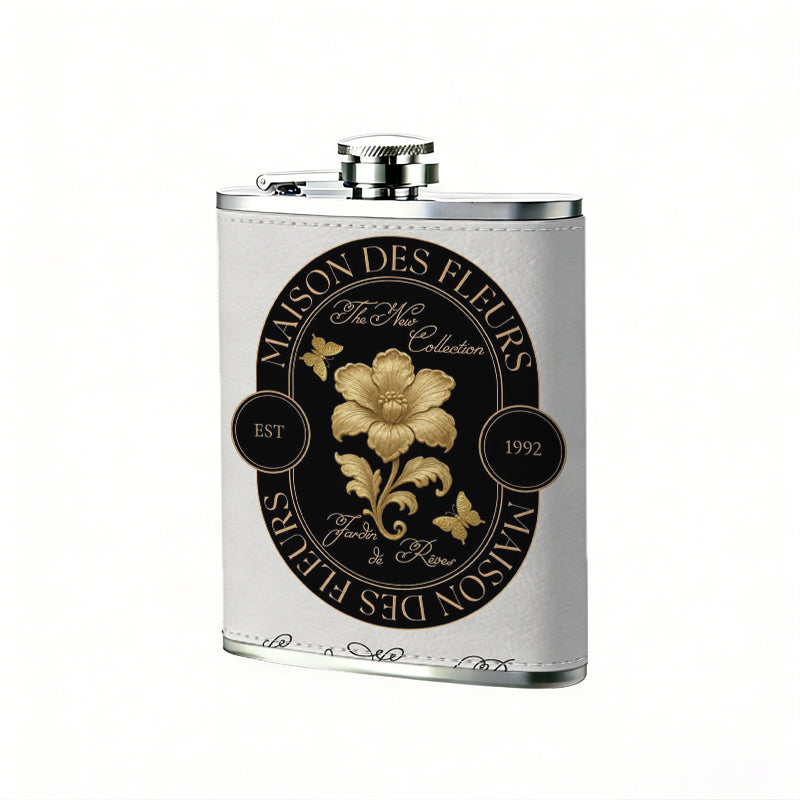 Oval badge with yellow rose and text 8oz Portable Stainless Steel Hip Flask - Juice Flask - Perfect Gift - Unique Whiskey Flask for Women, Wine Pot Metal - Ideal stainless steel flask for all outdoor activities