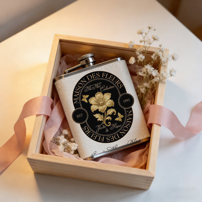 Oval badge with yellow rose and text 8oz Portable Stainless Steel Hip Flask - Juice Flask - Perfect Gift - Unique Whiskey Flask for Women, Wine Pot Metal - Ideal stainless steel flask for all outdoor activities