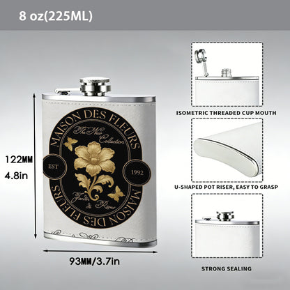 Oval badge with yellow rose and text 8oz Portable Stainless Steel Hip Flask - Juice Flask - Perfect Gift - Unique Whiskey Flask for Women, Wine Pot Metal - Ideal stainless steel flask for all outdoor activities