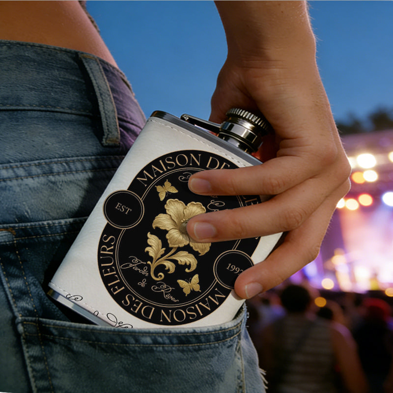 Oval badge with yellow rose and text 8oz Portable Stainless Steel Hip Flask - Juice Flask - Perfect Gift - Unique Whiskey Flask for Women, Wine Pot Metal - Ideal stainless steel flask for all outdoor activities