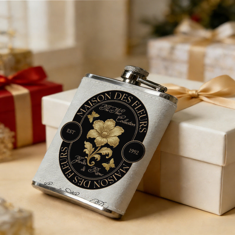 Oval badge with yellow rose and text 8oz Portable Stainless Steel Hip Flask - Juice Flask - Perfect Gift - Unique Whiskey Flask for Women, Wine Pot Metal - Ideal stainless steel flask for all outdoor activities
