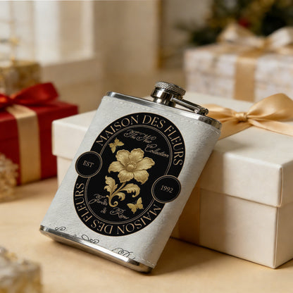 Oval badge with yellow rose and text 8oz Portable Stainless Steel Hip Flask - Juice Flask - Perfect Gift - Unique Whiskey Flask for Women, Wine Pot Metal - Ideal stainless steel flask for all outdoor activities