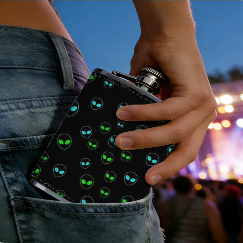 Glowing circular light patterns on black background 8oz Portable Stainless Steel Hip Flask - Juice Flask - Perfect Gift - Unique Whiskey Flask for Women, Wine Pot Metal - Ideal stainless steel flask for all outdoor activities
