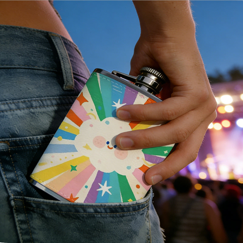 Colorful rainbow heart sunburst 8oz Portable Stainless Steel Hip Flask - Juice Flask - Perfect Gift - Unique Whiskey Flask for Women, Wine Pot Metal - Ideal stainless steel flask for all outdoor activities