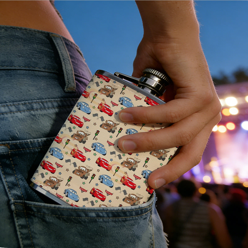 Pattern of repeated vintage colorful cars 8oz Portable Stainless Steel Hip Flask - Juice Flask - Perfect Gift - Unique Whiskey Flask for Women, Wine Pot Metal - Ideal stainless steel flask for all outdoor activities