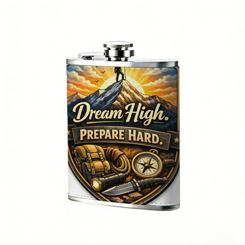 Shield emblem with hiker, mountain and text 8oz Portable Stainless Steel Hip Flask - Juice Flask - Perfect Gift - Unique Whiskey Flask for Women, Wine Pot Metal - Ideal stainless steel flask for all outdoor activities