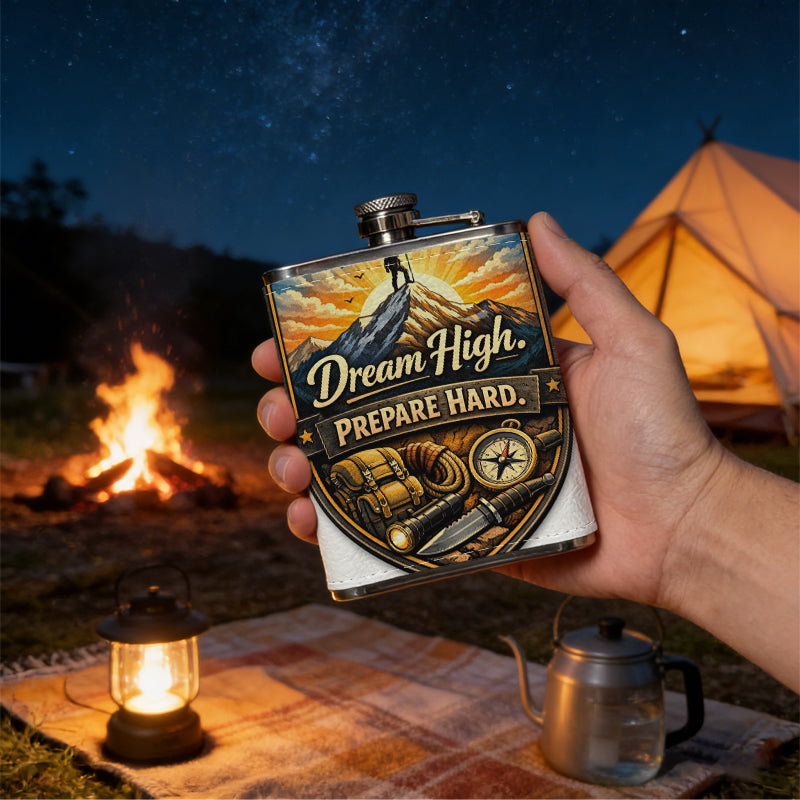 Shield emblem with hiker, mountain and text 8oz Portable Stainless Steel Hip Flask - Juice Flask - Perfect Gift - Unique Whiskey Flask for Women, Wine Pot Metal - Ideal stainless steel flask for all outdoor activities