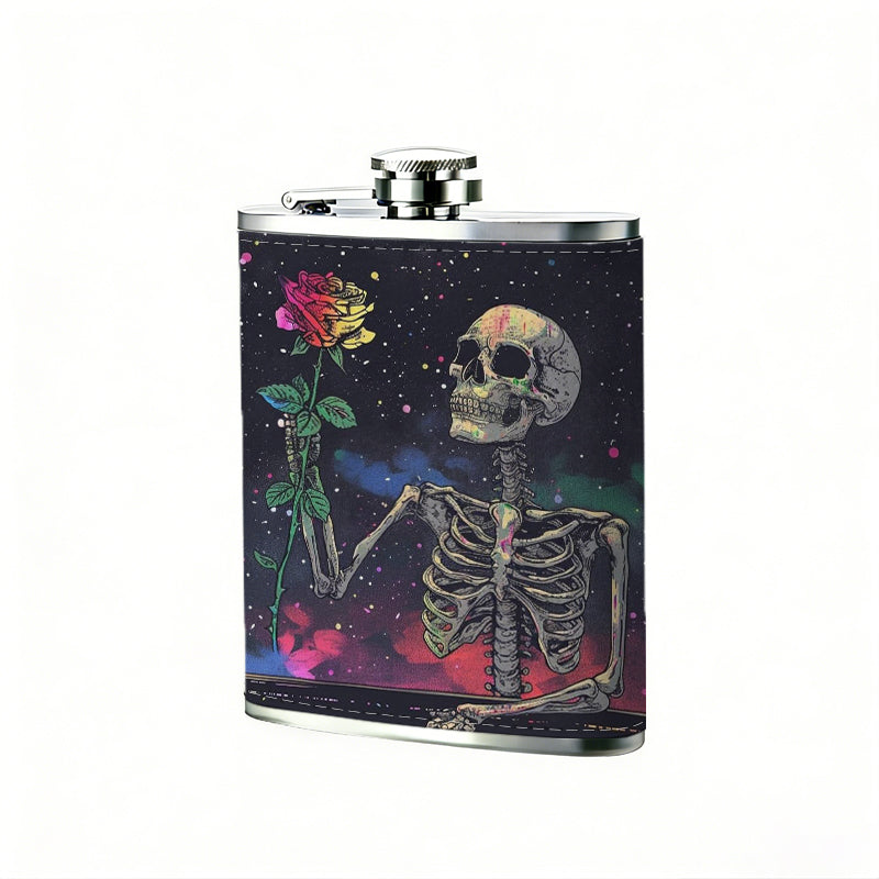Skeleton holding a red rose 8oz Portable Stainless Steel Hip Flask - Juice Flask - Perfect Gift - Unique Whiskey Flask for Women, Wine Pot Metal - Ideal stainless steel flask for all outdoor activities