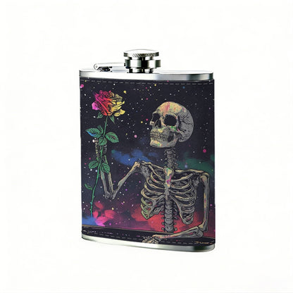 Skeleton holding a red rose 8oz Portable Stainless Steel Hip Flask - Juice Flask - Perfect Gift - Unique Whiskey Flask for Women, Wine Pot Metal - Ideal stainless steel flask for all outdoor activities