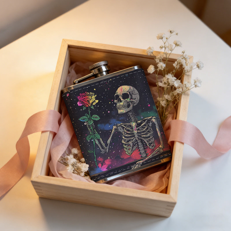 Skeleton holding a red rose 8oz Portable Stainless Steel Hip Flask - Juice Flask - Perfect Gift - Unique Whiskey Flask for Women, Wine Pot Metal - Ideal stainless steel flask for all outdoor activities