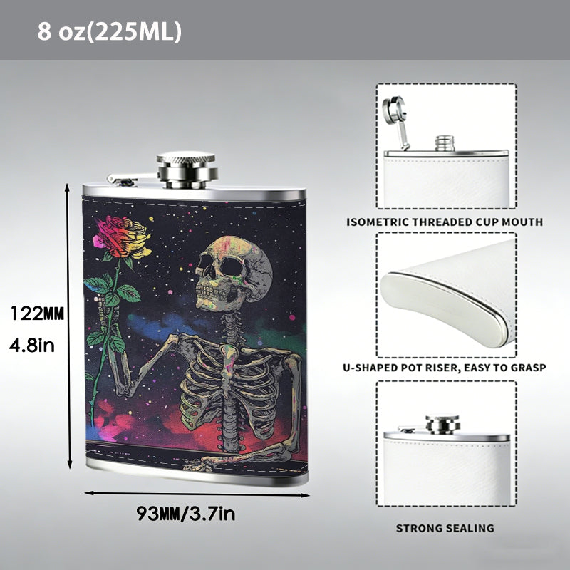 Skeleton holding a red rose 8oz Portable Stainless Steel Hip Flask - Juice Flask - Perfect Gift - Unique Whiskey Flask for Women, Wine Pot Metal - Ideal stainless steel flask for all outdoor activities