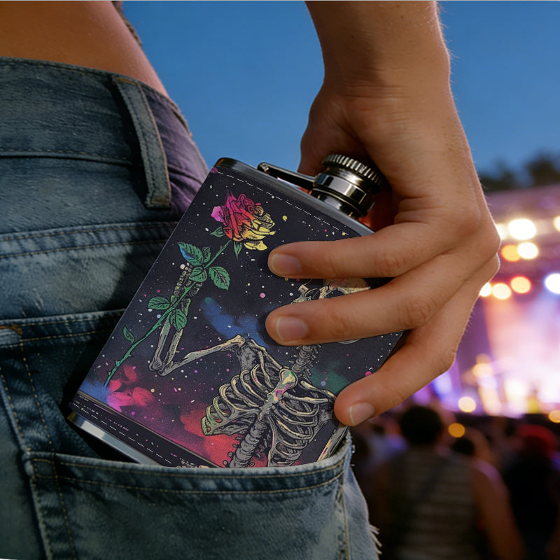 Skeleton holding a red rose 8oz Portable Stainless Steel Hip Flask - Juice Flask - Perfect Gift - Unique Whiskey Flask for Women, Wine Pot Metal - Ideal stainless steel flask for all outdoor activities