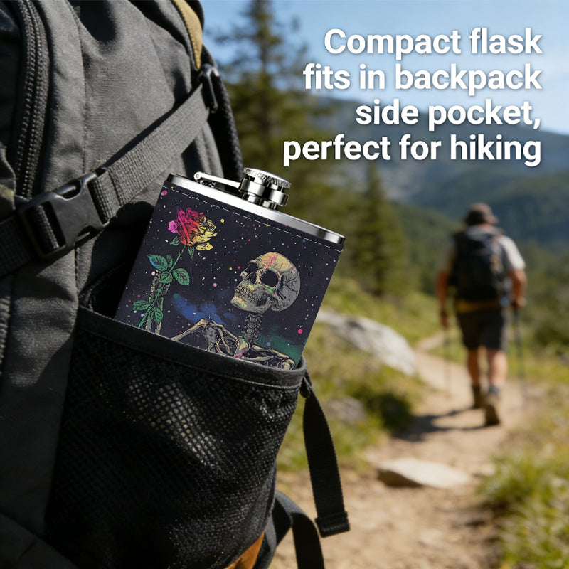 Skeleton holding a red rose 8oz Portable Stainless Steel Hip Flask - Juice Flask - Perfect Gift - Unique Whiskey Flask for Women, Wine Pot Metal - Ideal stainless steel flask for all outdoor activities