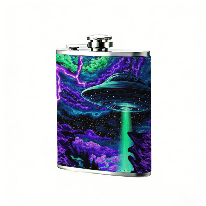 Abstract neon purple green glitch art 8oz Portable Stainless Steel Hip Flask - Juice Flask - Perfect Gift - Unique Whiskey Flask for Women, Wine Pot Metal - Ideal stainless steel flask for all outdoor activities