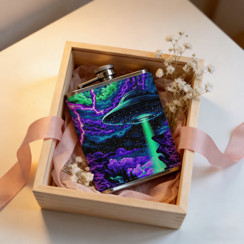 Abstract neon purple green glitch art 8oz Portable Stainless Steel Hip Flask - Juice Flask - Perfect Gift - Unique Whiskey Flask for Women, Wine Pot Metal - Ideal stainless steel flask for all outdoor activities