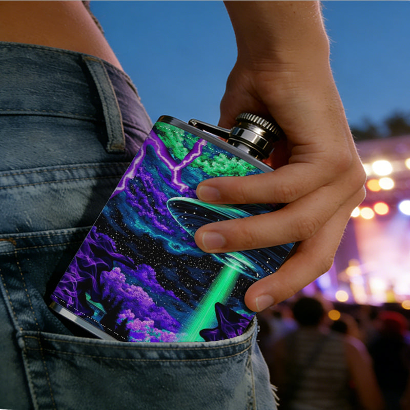 Abstract neon purple green glitch art 8oz Portable Stainless Steel Hip Flask - Juice Flask - Perfect Gift - Unique Whiskey Flask for Women, Wine Pot Metal - Ideal stainless steel flask for all outdoor activities