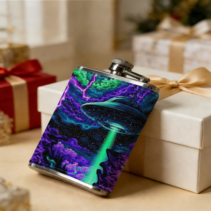 Abstract neon purple green glitch art 8oz Portable Stainless Steel Hip Flask - Juice Flask - Perfect Gift - Unique Whiskey Flask for Women, Wine Pot Metal - Ideal stainless steel flask for all outdoor activities