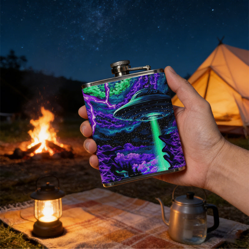 Abstract neon purple green glitch art 8oz Portable Stainless Steel Hip Flask - Juice Flask - Perfect Gift - Unique Whiskey Flask for Women, Wine Pot Metal - Ideal stainless steel flask for all outdoor activities