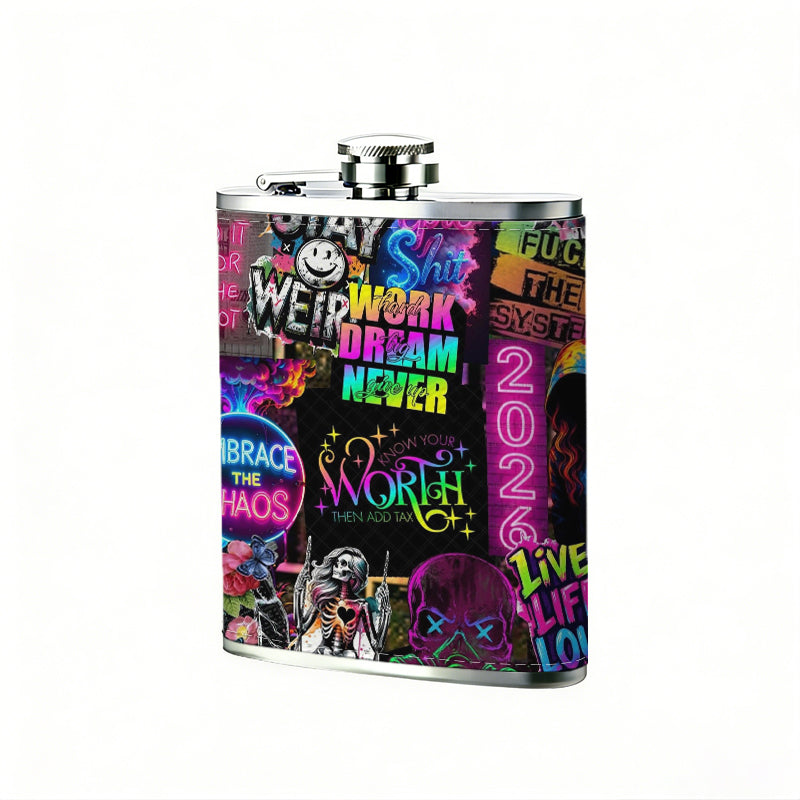 Vibrant text and graphic collage 8oz Portable Stainless Steel Hip Flask - Juice Flask - Perfect Gift - Unique Whiskey Flask for Women, Wine Pot Metal - Ideal stainless steel flask for all outdoor activities