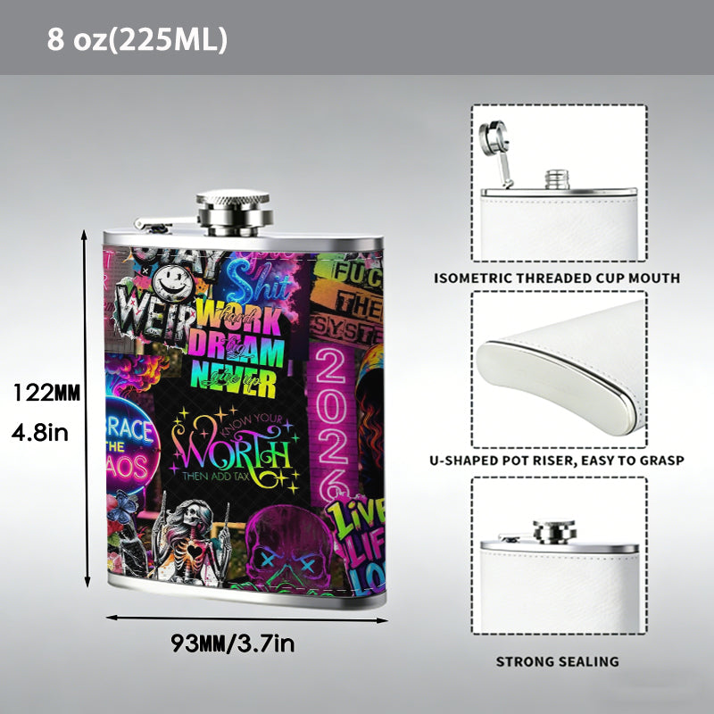 Vibrant text and graphic collage 8oz Portable Stainless Steel Hip Flask - Juice Flask - Perfect Gift - Unique Whiskey Flask for Women, Wine Pot Metal - Ideal stainless steel flask for all outdoor activities