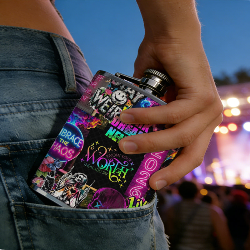 Vibrant text and graphic collage 8oz Portable Stainless Steel Hip Flask - Juice Flask - Perfect Gift - Unique Whiskey Flask for Women, Wine Pot Metal - Ideal stainless steel flask for all outdoor activities