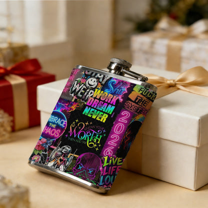 Vibrant text and graphic collage 8oz Portable Stainless Steel Hip Flask - Juice Flask - Perfect Gift - Unique Whiskey Flask for Women, Wine Pot Metal - Ideal stainless steel flask for all outdoor activities
