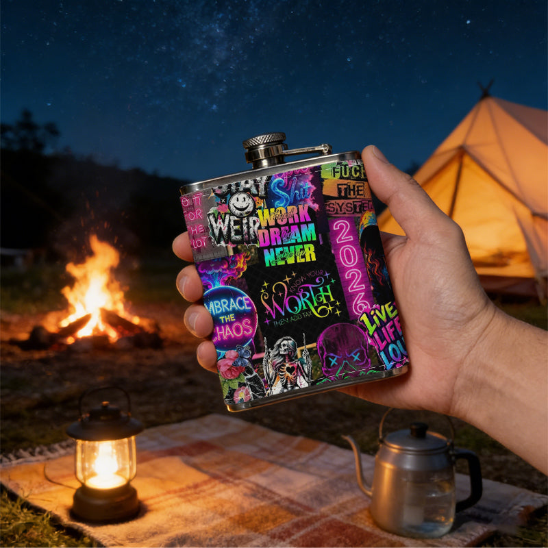 Vibrant text and graphic collage 8oz Portable Stainless Steel Hip Flask - Juice Flask - Perfect Gift - Unique Whiskey Flask for Women, Wine Pot Metal - Ideal stainless steel flask for all outdoor activities