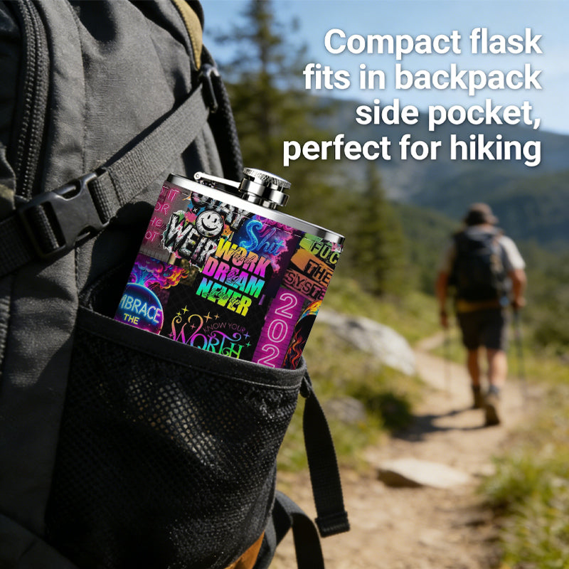 Vibrant text and graphic collage 8oz Portable Stainless Steel Hip Flask - Juice Flask - Perfect Gift - Unique Whiskey Flask for Women, Wine Pot Metal - Ideal stainless steel flask for all outdoor activities