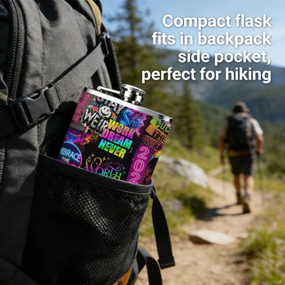 Vibrant text and graphic collage 8oz Portable Stainless Steel Hip Flask - Juice Flask - Perfect Gift - Unique Whiskey Flask for Women, Wine Pot Metal - Ideal stainless steel flask for all outdoor activities