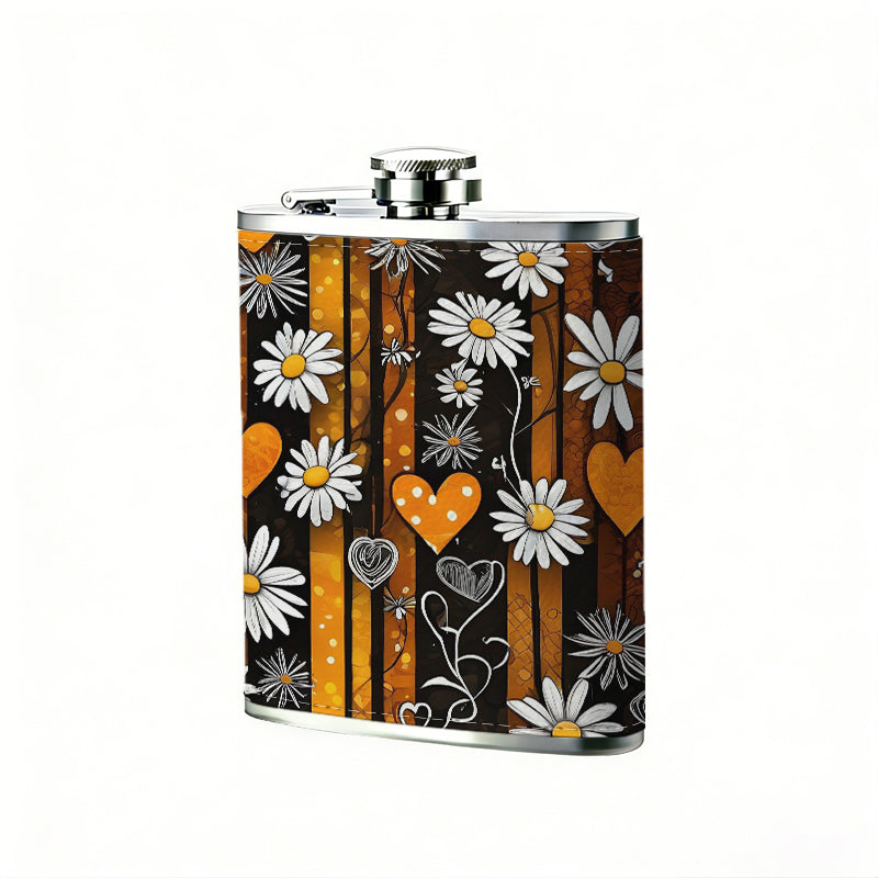 Daisies, orange hearts and stripes 8oz Portable Stainless Steel Hip Flask - Juice Flask - Perfect Gift - Unique Whiskey Flask for Women, Wine Pot Metal - Ideal stainless steel flask for all outdoor activities