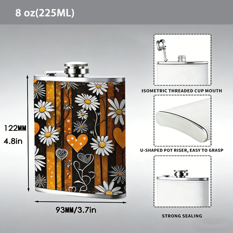 Daisies, orange hearts and stripes 8oz Portable Stainless Steel Hip Flask - Juice Flask - Perfect Gift - Unique Whiskey Flask for Women, Wine Pot Metal - Ideal stainless steel flask for all outdoor activities