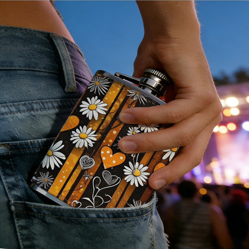 Daisies, orange hearts and stripes 8oz Portable Stainless Steel Hip Flask - Juice Flask - Perfect Gift - Unique Whiskey Flask for Women, Wine Pot Metal - Ideal stainless steel flask for all outdoor activities