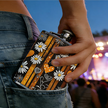 Daisies, orange hearts and stripes 8oz Portable Stainless Steel Hip Flask - Juice Flask - Perfect Gift - Unique Whiskey Flask for Women, Wine Pot Metal - Ideal stainless steel flask for all outdoor activities