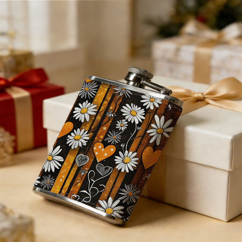 Daisies, orange hearts and stripes 8oz Portable Stainless Steel Hip Flask - Juice Flask - Perfect Gift - Unique Whiskey Flask for Women, Wine Pot Metal - Ideal stainless steel flask for all outdoor activities
