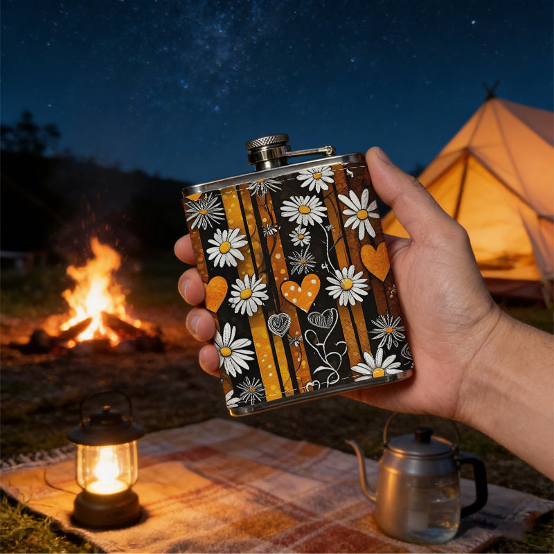 Daisies, orange hearts and stripes 8oz Portable Stainless Steel Hip Flask - Juice Flask - Perfect Gift - Unique Whiskey Flask for Women, Wine Pot Metal - Ideal stainless steel flask for all outdoor activities