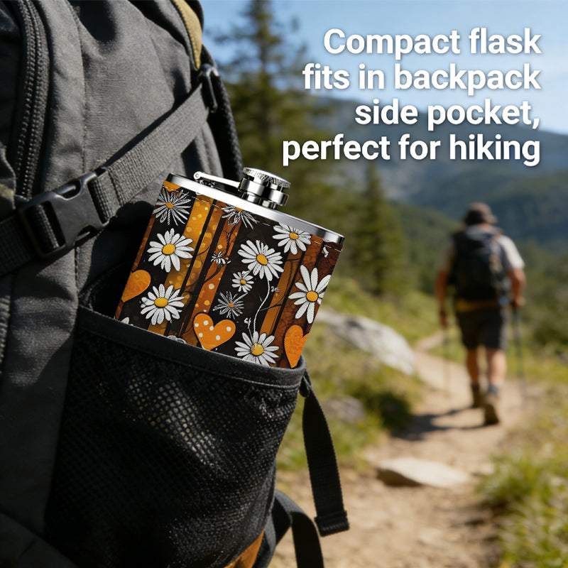 Daisies, orange hearts and stripes 8oz Portable Stainless Steel Hip Flask - Juice Flask - Perfect Gift - Unique Whiskey Flask for Women, Wine Pot Metal - Ideal stainless steel flask for all outdoor activities