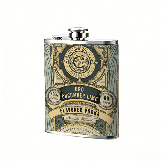 Vintage ornate decorative text label 8oz Portable Stainless Steel Hip Flask - Juice Flask - Perfect Gift - Unique Whiskey Flask for Women, Wine Pot Metal - Ideal stainless steel flask for all outdoor activities