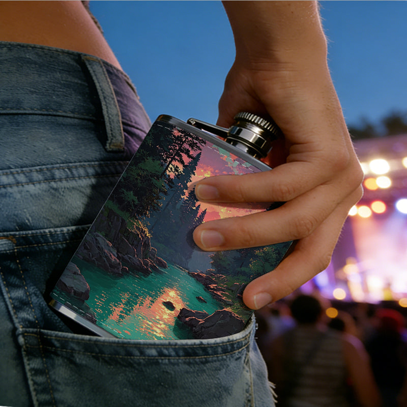Colorful aurora over forest lake 8oz Portable Stainless Steel Hip Flask - Juice Flask - Perfect Gift - Unique Whiskey Flask for Women, Wine Pot Metal - Ideal stainless steel flask for all outdoor activities